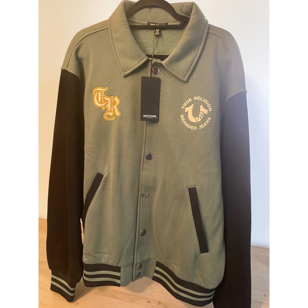 True Religion Mens Collared Patch Fleece Varsity Snap Front Jacket Large NWT